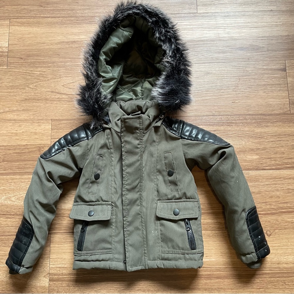Kids Olive Green Hooded Jacket with Faux Fur Trim FLAW SEE PHOTOS